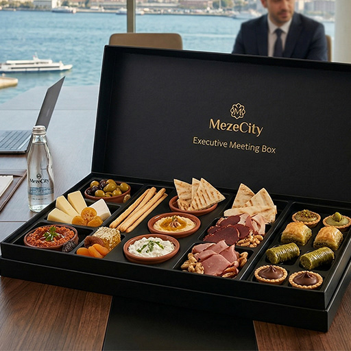 Executive Meeting Box – zarif siyah kutu içinde premium meze seçkisi, küçük tatlılar ve özel kahve ikramı