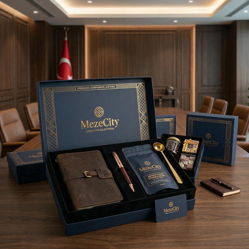 Executive seviye kurumsal hediye kutusu, deri defter, kalem ve özel kahve ile lüks sunum