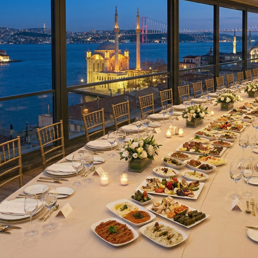 Kurumsal gala etkinliği – uzun masada meze ve sıcak yemek servisi, Boğaz manzaralı şık ortam