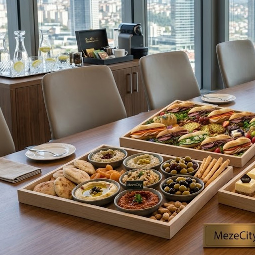 Modern ofis toplantı odasında premium catering servisi – meze tabakları ve taze meyve sunumu