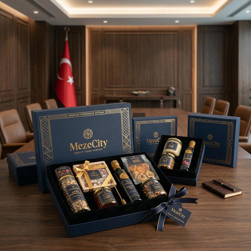 Premium müşteri hediye kutusu, lüks ambalaj ve özel meze seçkisi ile kurumsal sunum